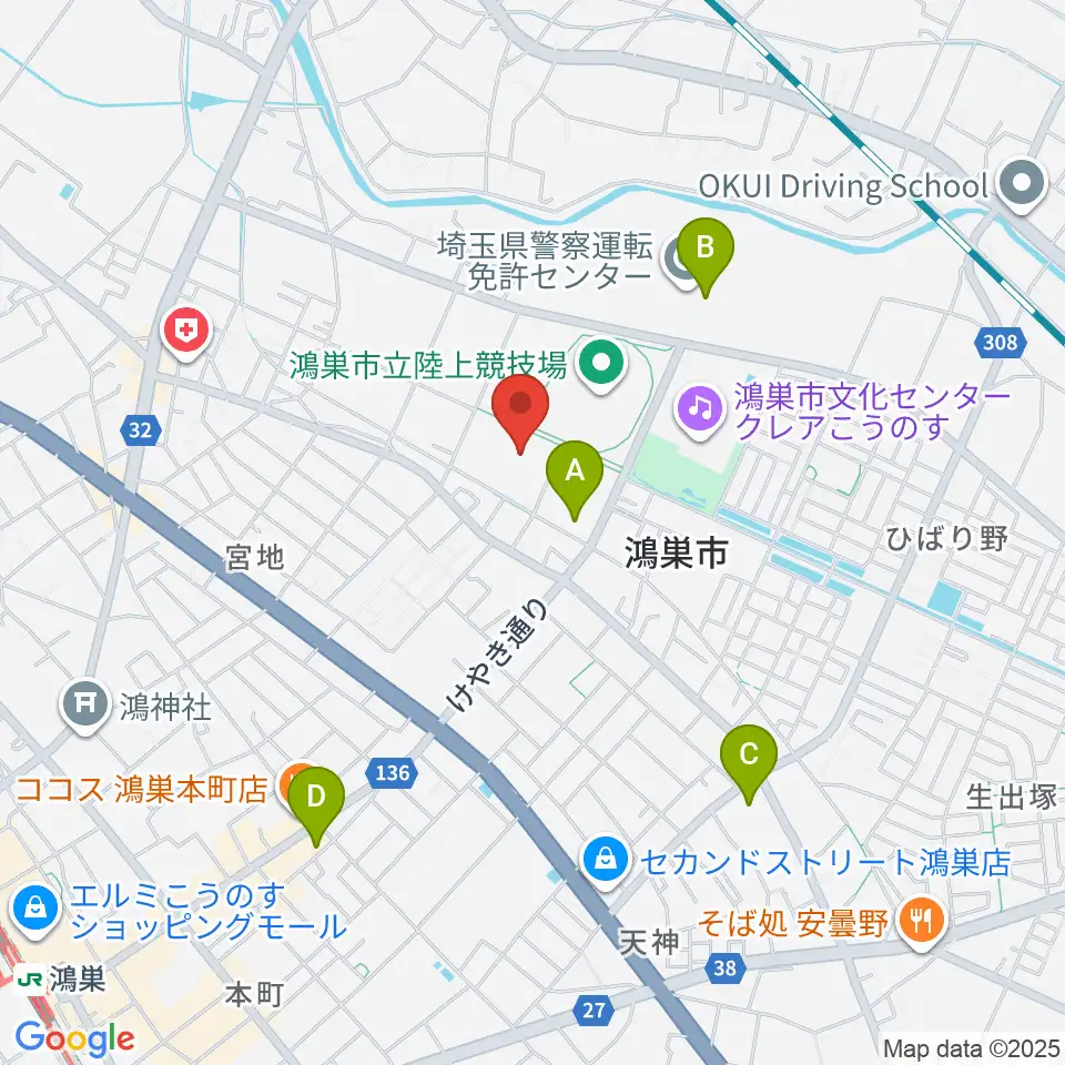 鴻巣市総合体育館周辺のコンビニエンスストア一覧地図