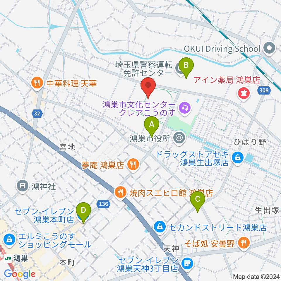 鴻巣市立陸上競技場周辺のコンビニエンスストア一覧地図