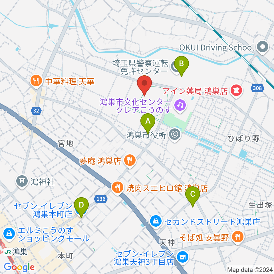 鴻巣市立陸上競技場周辺のコンビニエンスストア一覧地図