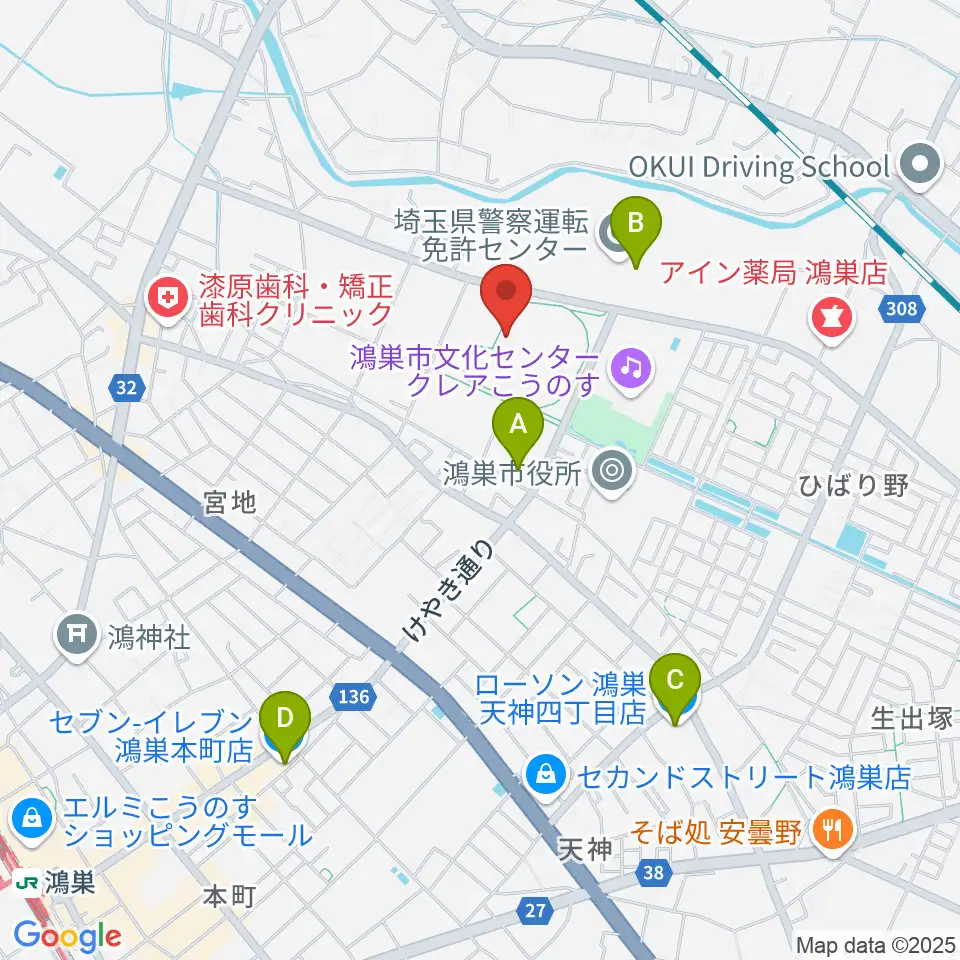鴻巣市立陸上競技場周辺のコンビニエンスストア一覧地図
