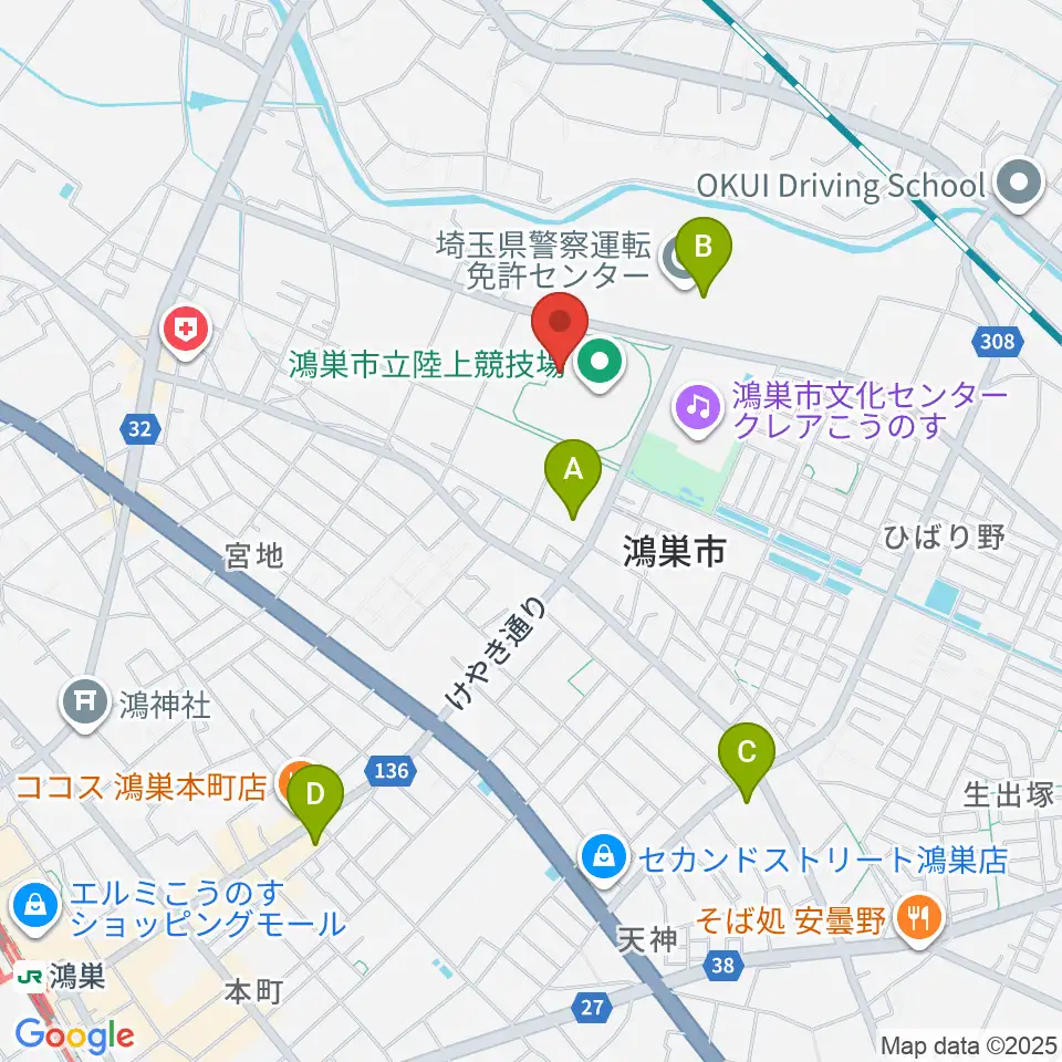 鴻巣市立陸上競技場周辺のコンビニエンスストア一覧地図