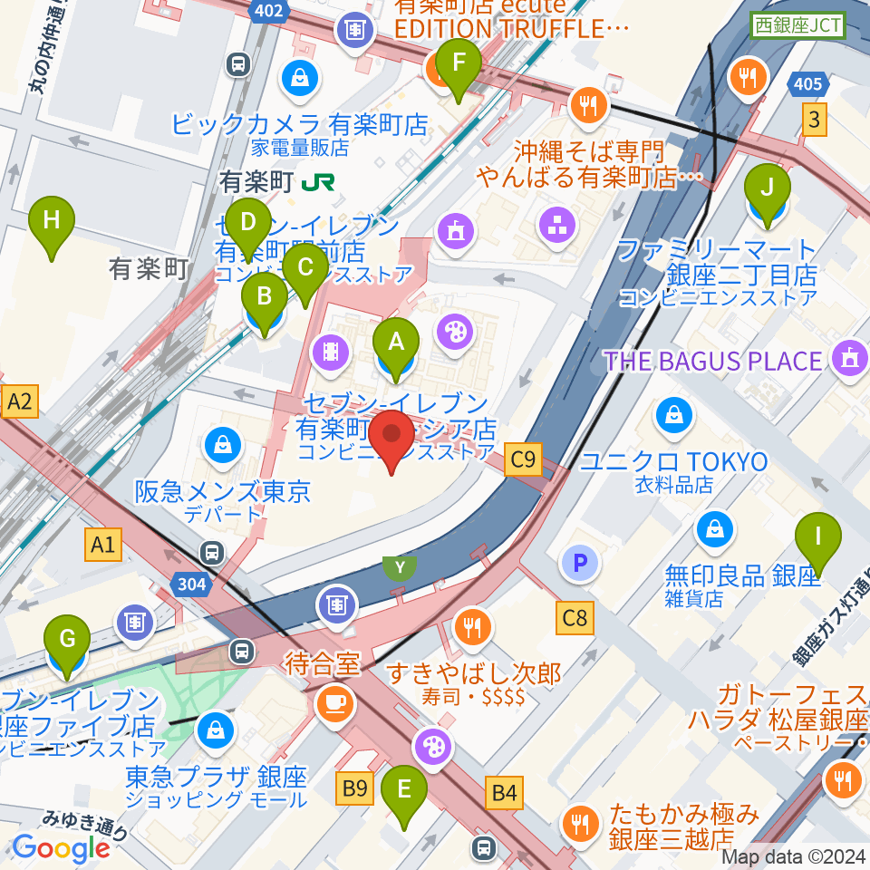 有楽町I'M A SHOW周辺のコンビニエンスストア一覧地図