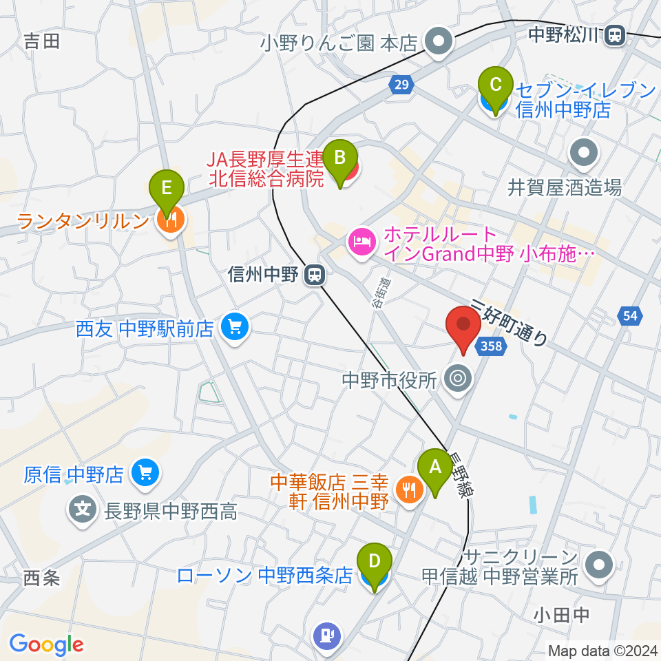 中野市市民会館 ソソラホール周辺のコンビニエンスストア一覧地図