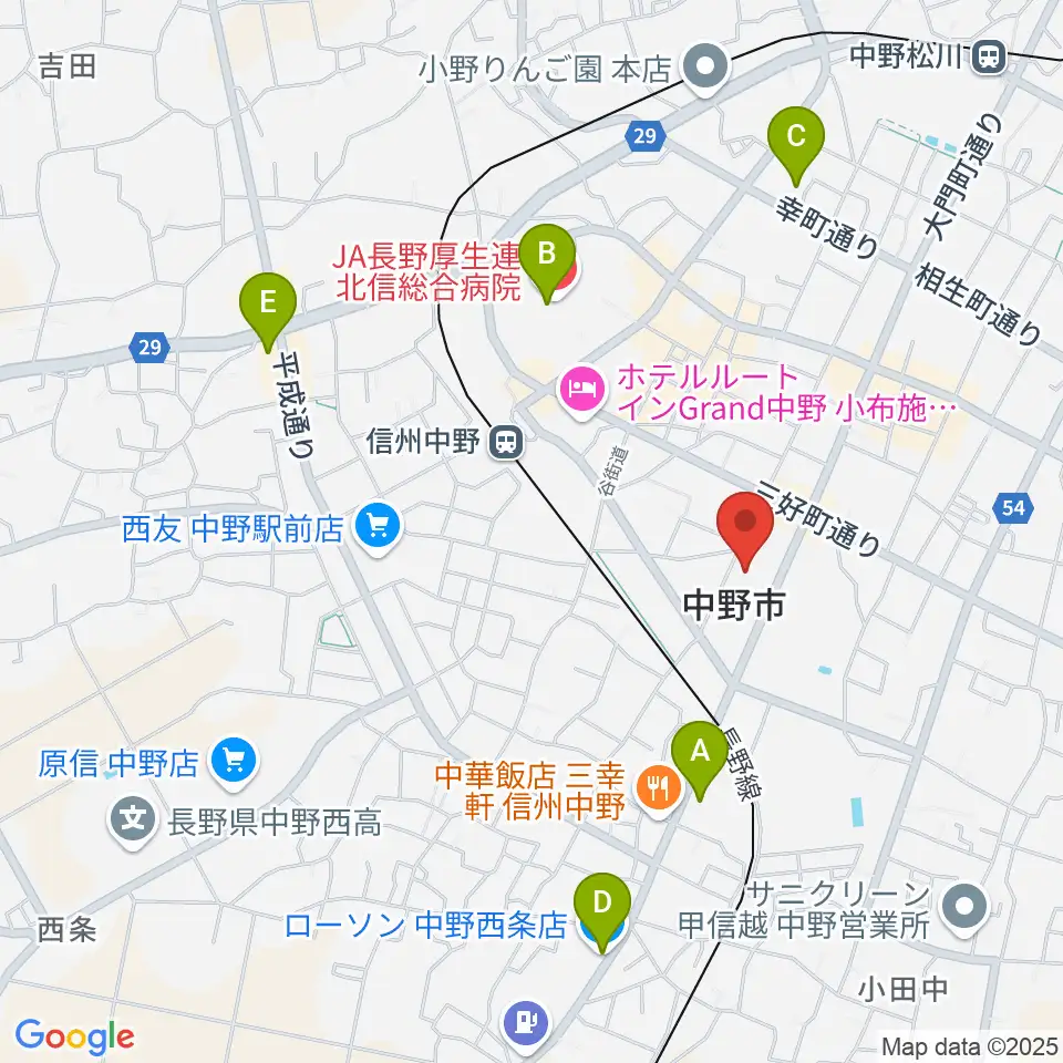中野市市民会館 ソソラホール周辺のコンビニエンスストア一覧地図