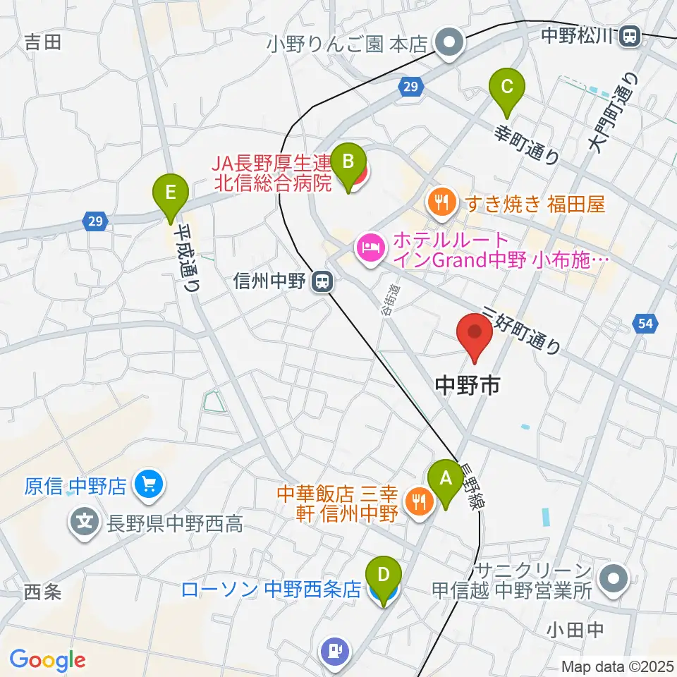 中野市市民会館 ソソラホール周辺のコンビニエンスストア一覧地図