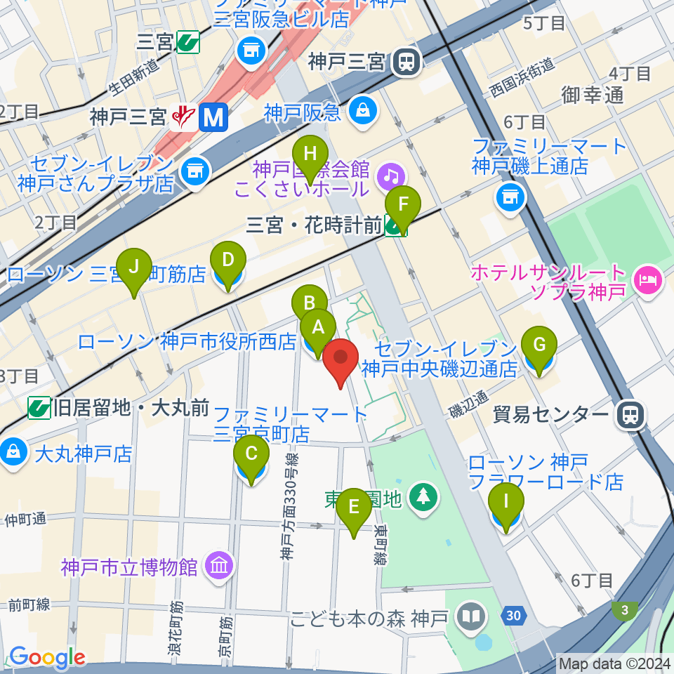 神戸市立中央区文化センター周辺のコンビニエンスストア一覧地図