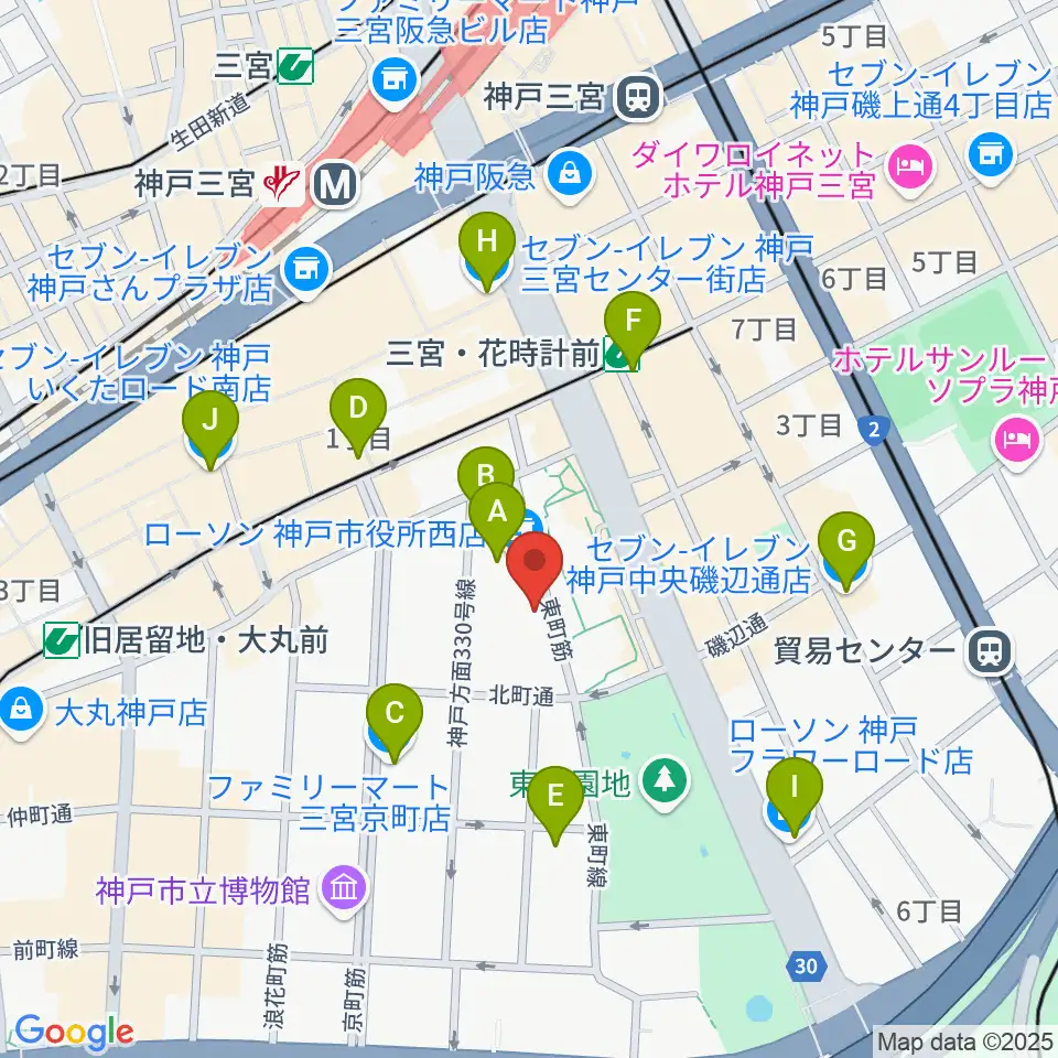 神戸市立中央区文化センター周辺のコンビニエンスストア一覧地図