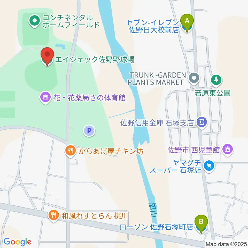 佐野エイジェック野球場周辺のコンビニエンスストア一覧地図