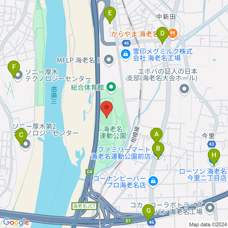 海老名運動公園陸上競技場周辺のコンビニエンスストア一覧地図