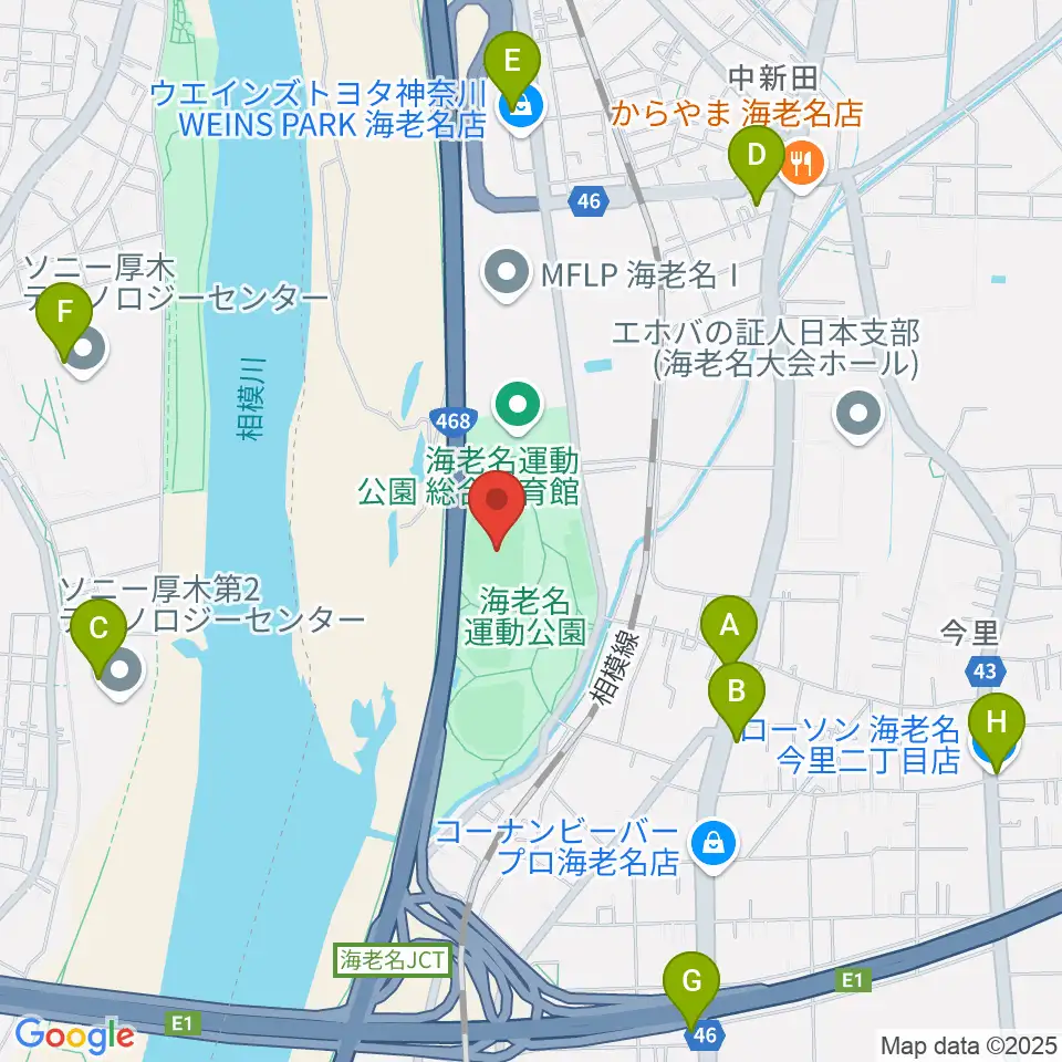 海老名運動公園陸上競技場周辺のコンビニエンスストア一覧地図