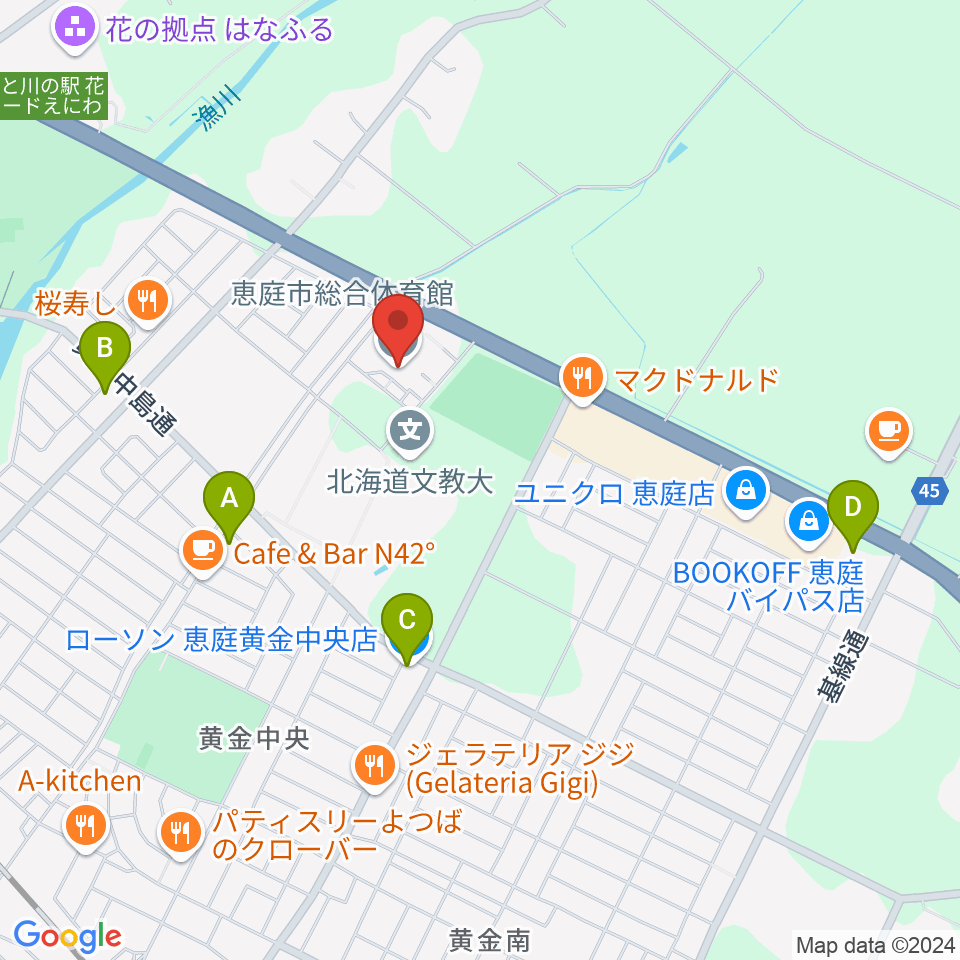 恵庭市総合体育館周辺のコンビニエンスストア一覧地図