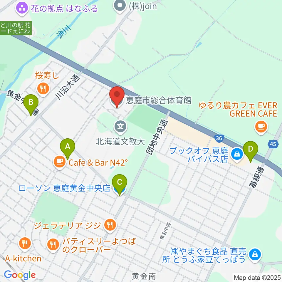 恵庭市総合体育館周辺のコンビニエンスストア一覧地図