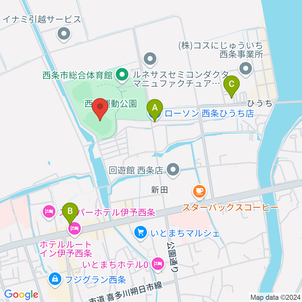  西条市ひうち陸上競技場周辺のコンビニエンスストア一覧地図