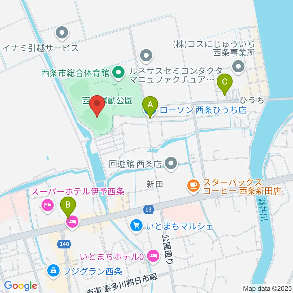 西条市ひうち陸上競技場周辺のコンビニエンスストア一覧地図