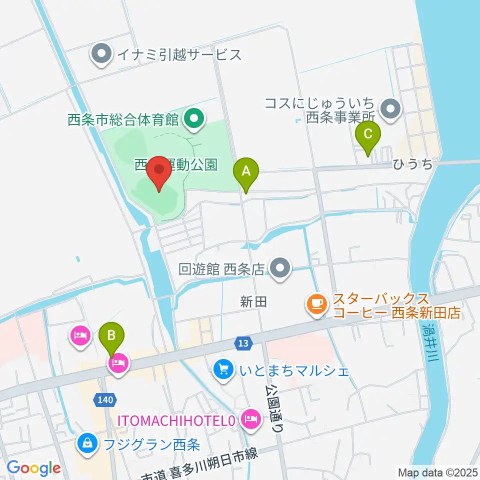  西条市ひうち陸上競技場周辺のコンビニエンスストア一覧地図