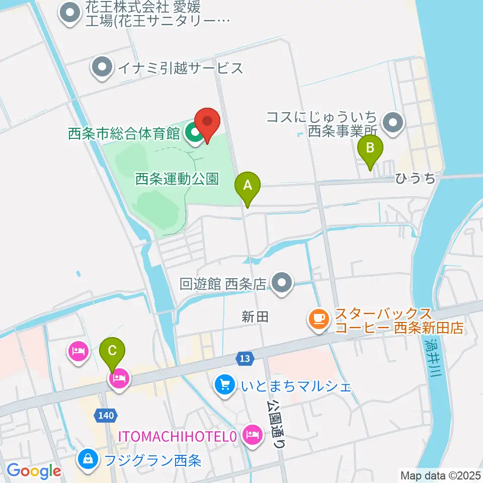 西条市ひうち体育館周辺のコンビニエンスストア一覧地図