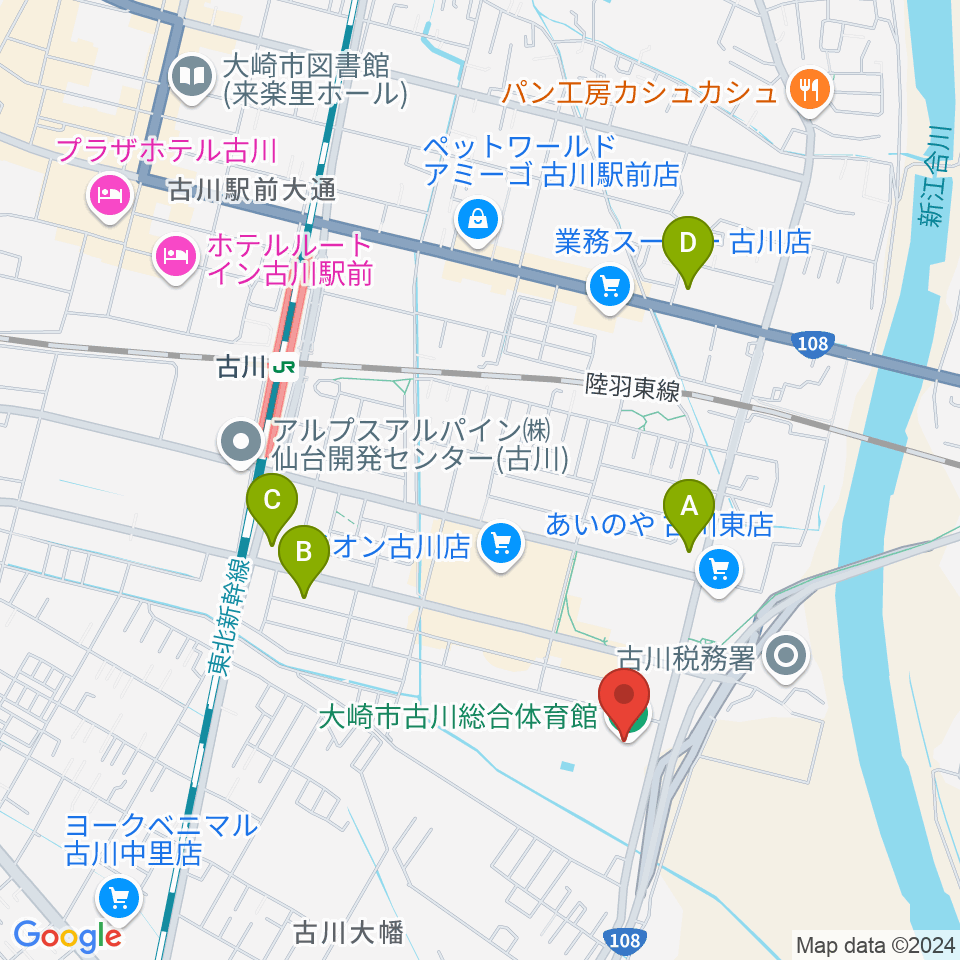 大崎市古川総合体育館周辺のコンビニエンスストア一覧地図