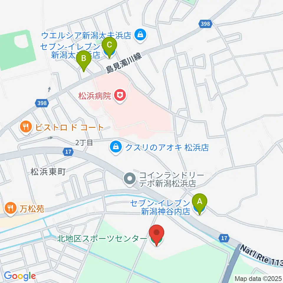 新潟市北地区スポーツセンター周辺のコンビニエンスストア一覧地図