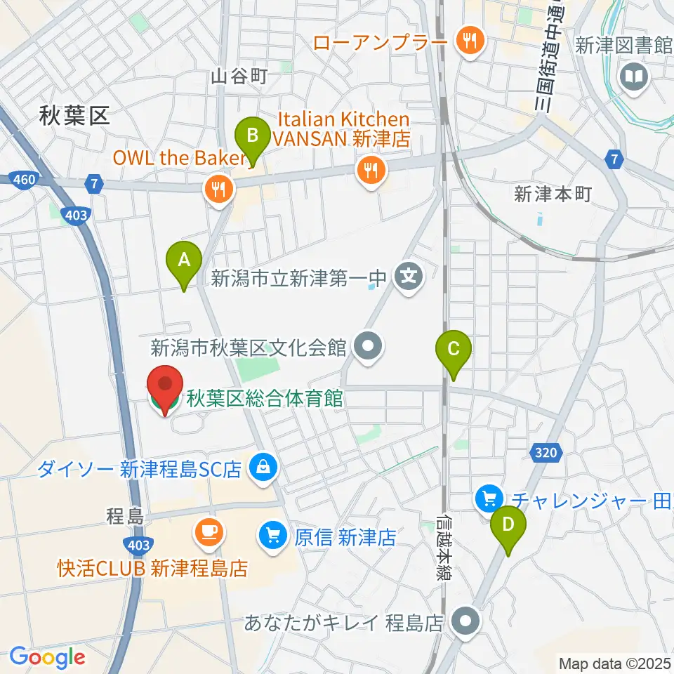 新潟市秋葉区総合体育館周辺のコンビニエンスストア一覧地図