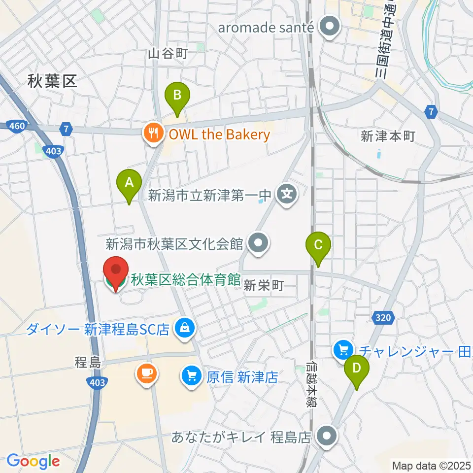 新潟市秋葉区総合体育館周辺のコンビニエンスストア一覧地図