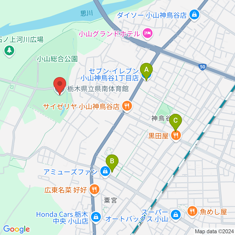 栃木県立県南体育館周辺のコンビニエンスストア一覧地図