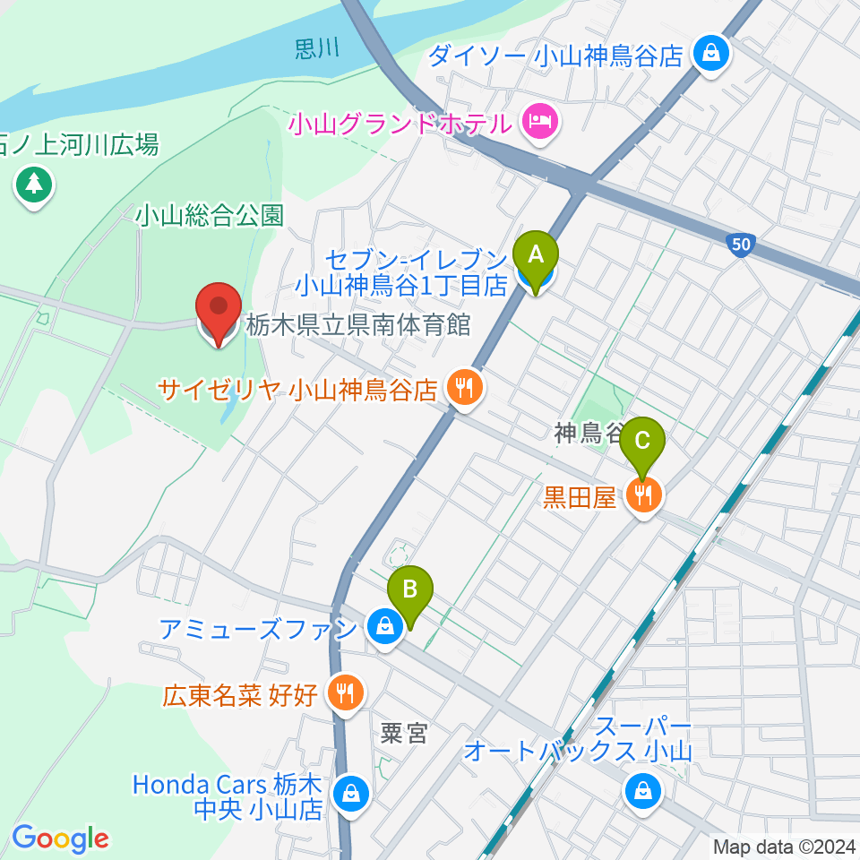 栃木県立県南体育館周辺のコンビニエンスストア一覧地図