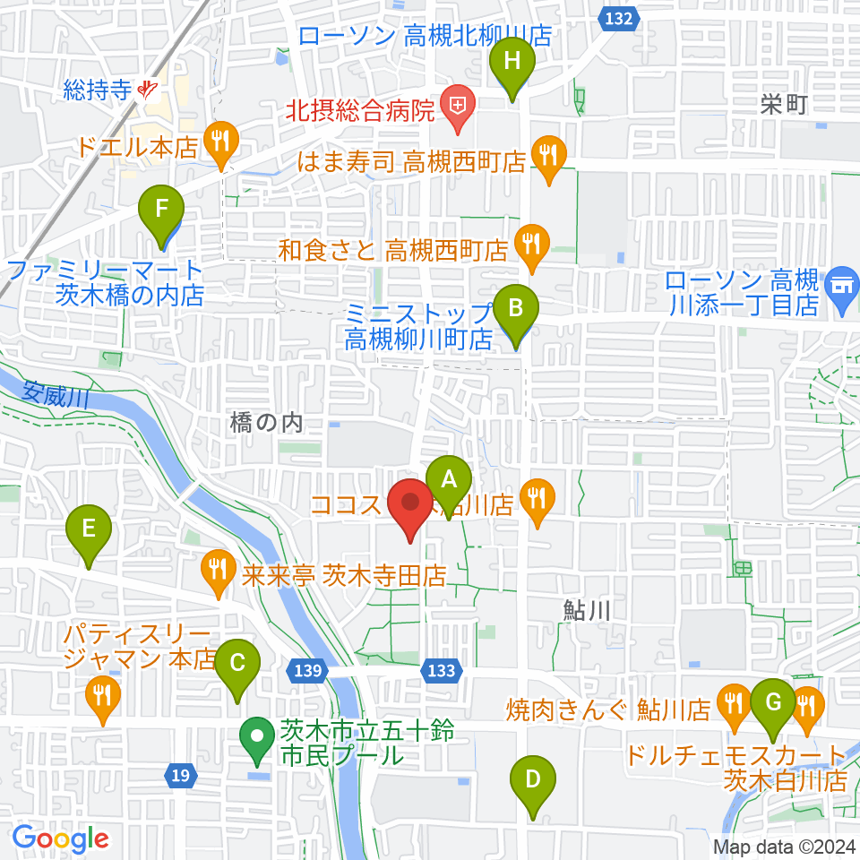 茨木市東市民体育館周辺のコンビニエンスストア一覧地図