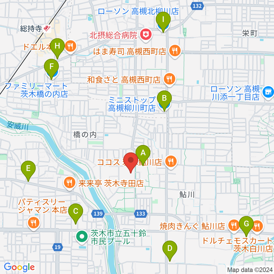 茨木市東市民体育館周辺のコンビニエンスストア一覧地図