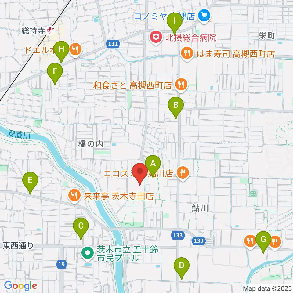 茨木市東市民体育館周辺のコンビニエンスストア一覧地図
