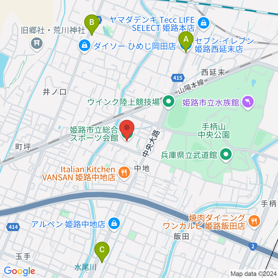 姫路市立総合スポーツ会館周辺のコンビニエンスストア一覧地図