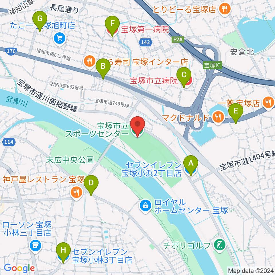 宝塚市立スポーツセンター周辺のコンビニエンスストア一覧地図