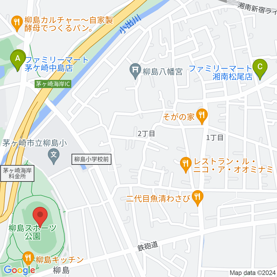 柳島スポーツ公園総合競技場周辺のコンビニエンスストア一覧地図