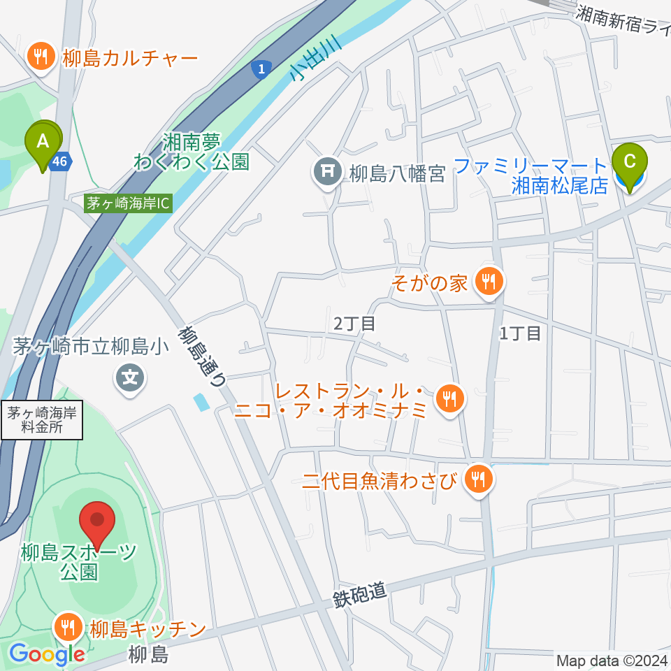 柳島スポーツ公園総合競技場周辺のコンビニエンスストア一覧地図