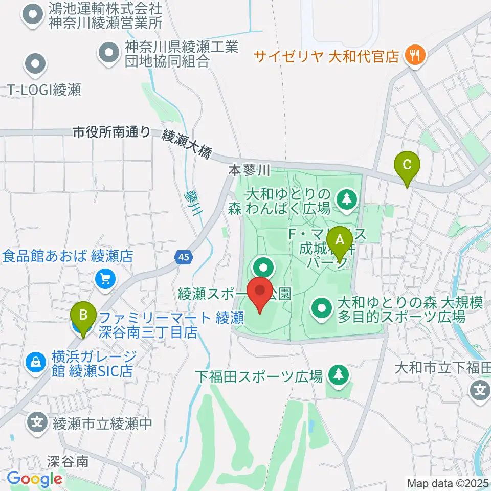綾瀬スポーツ公園野球場周辺のコンビニエンスストア一覧地図