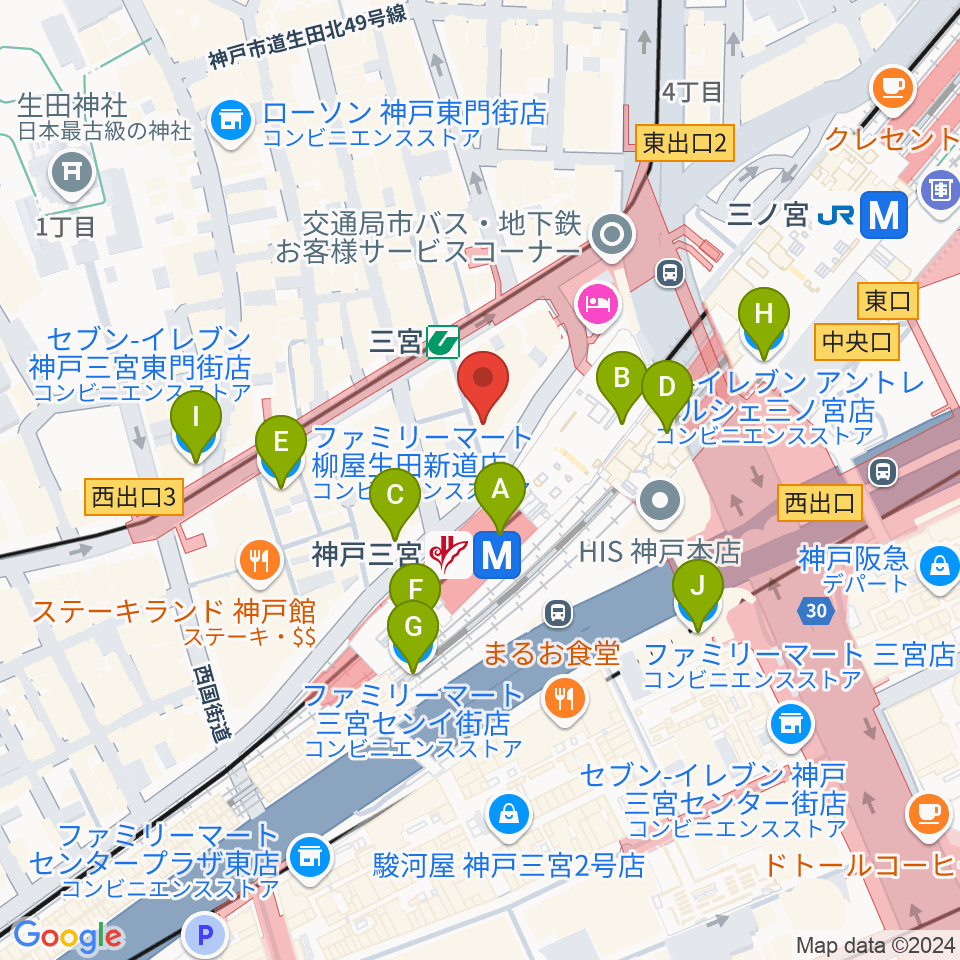 三宮スタジオKZ周辺のコンビニエンスストア一覧地図