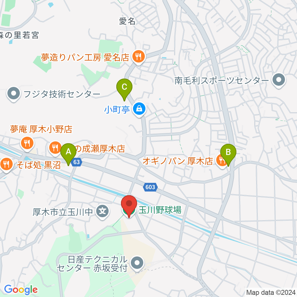 厚木市営玉川野球場周辺のコンビニエンスストア一覧地図