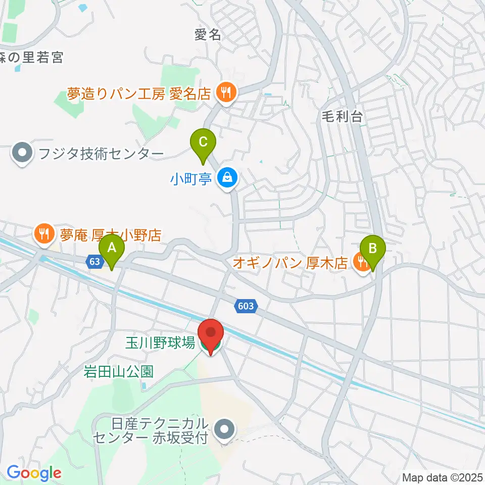 厚木市営玉川野球場周辺のコンビニエンスストア一覧地図