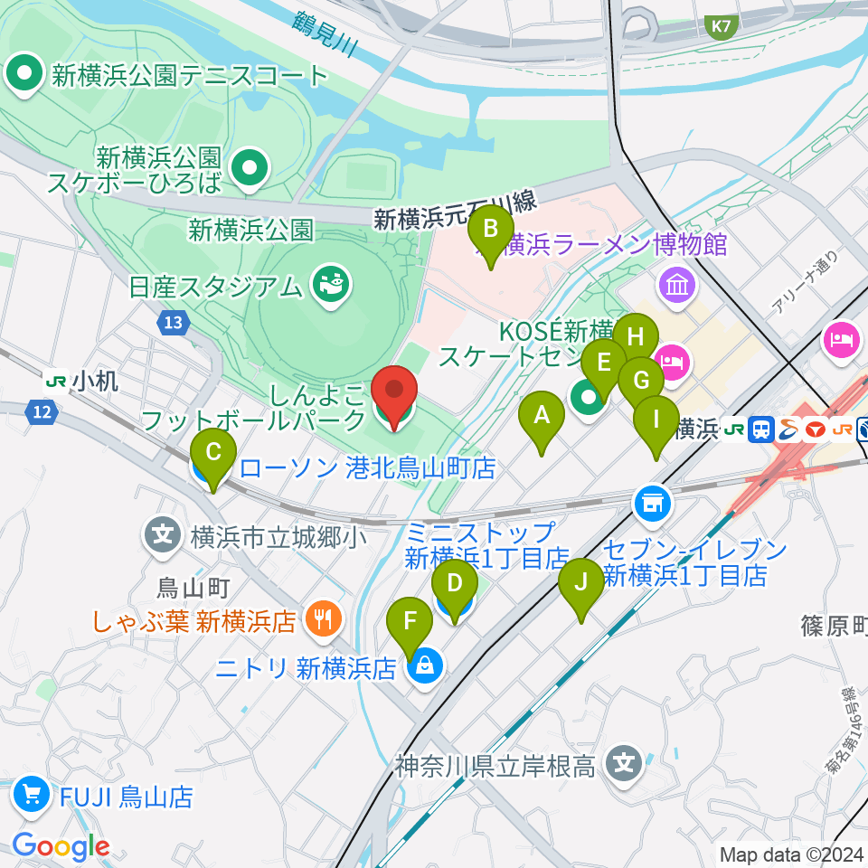 しんよこフットボールパーク周辺のコンビニエンスストア一覧地図