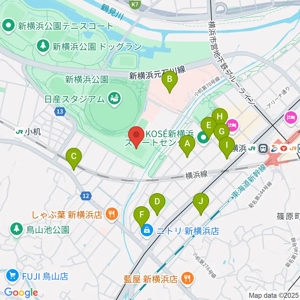 しんよこフットボールパーク周辺のコンビニエンスストア一覧地図