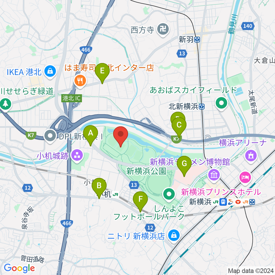  新横浜公園第1運動広場周辺のコンビニエンスストア一覧地図