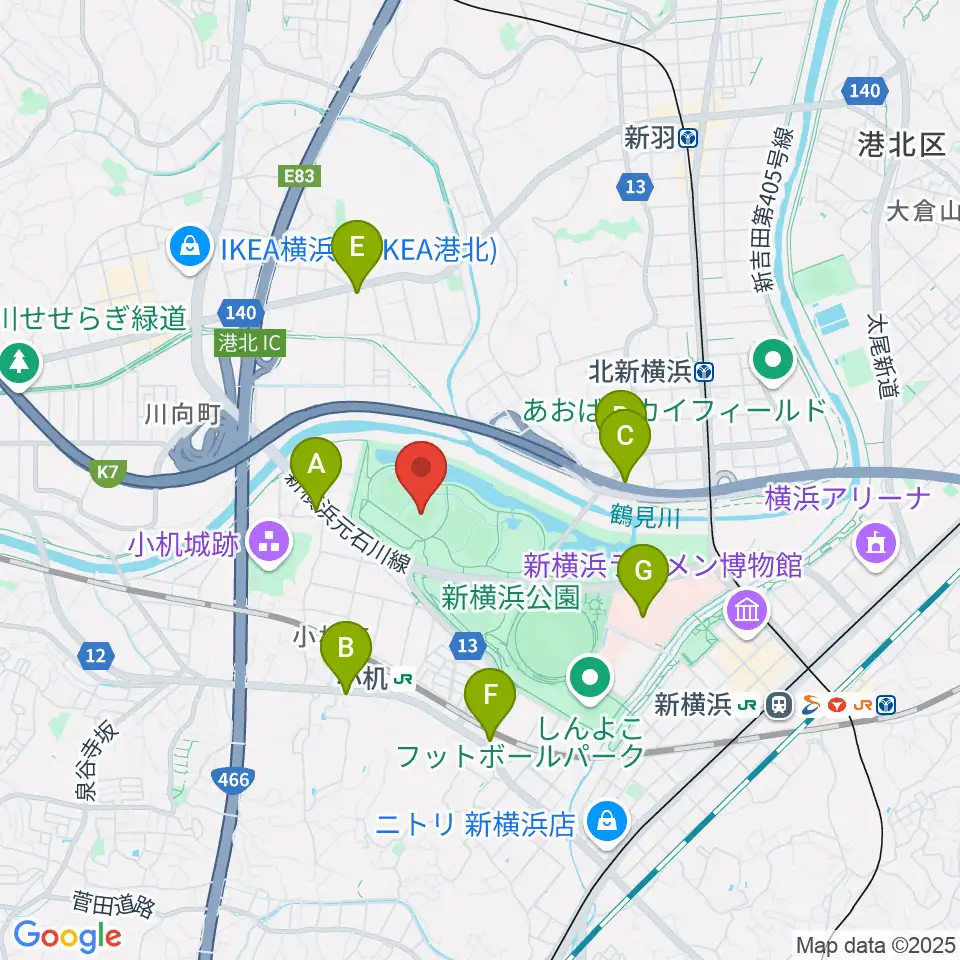 新横浜公園第1運動広場周辺のコンビニエンスストア一覧地図