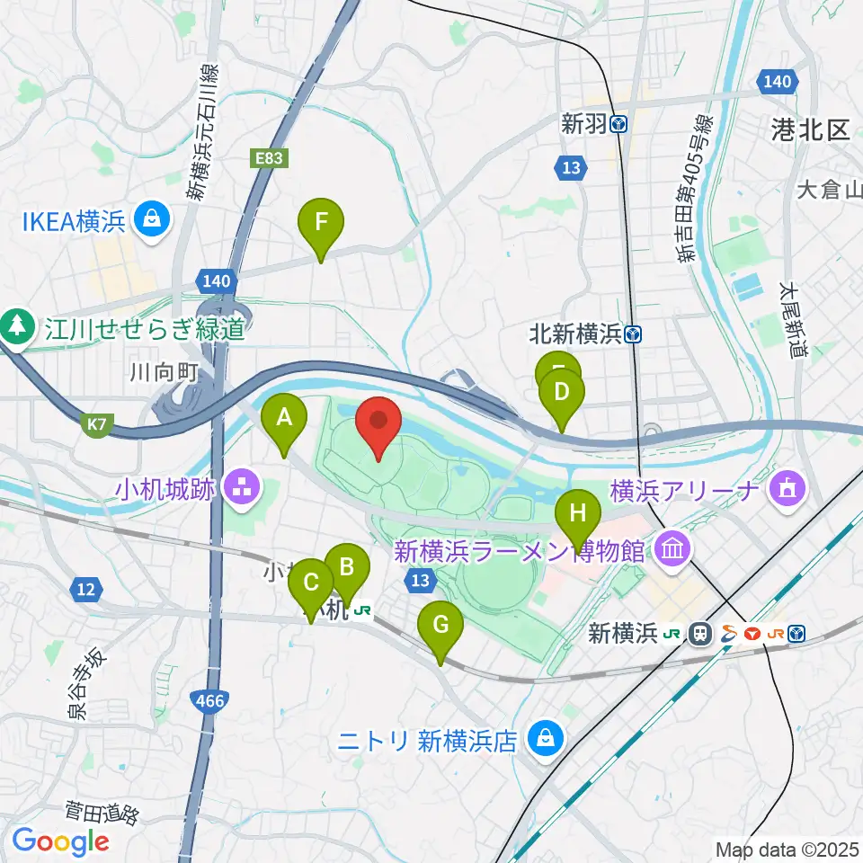  新横浜公園第1運動広場周辺のコンビニエンスストア一覧地図