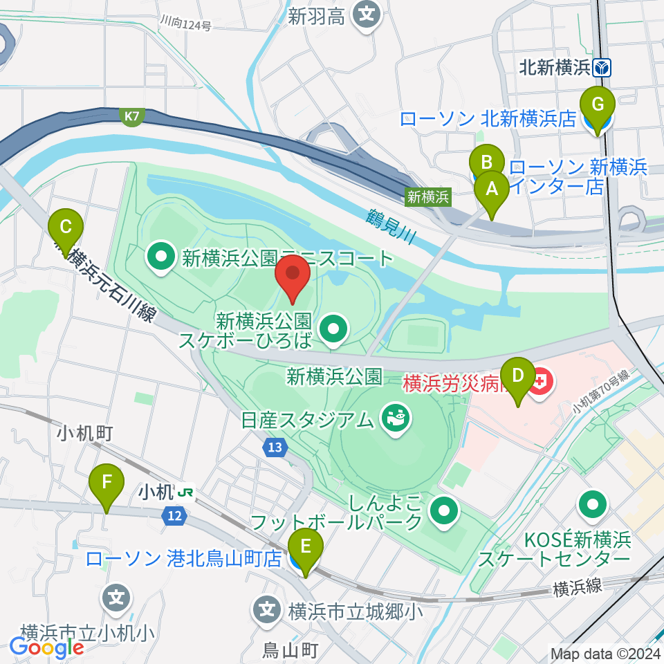 新横浜公園球技場周辺のコンビニエンスストア一覧地図