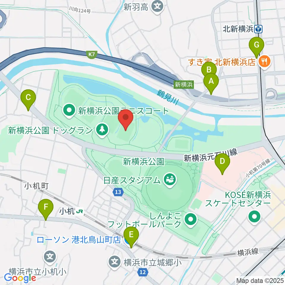 新横浜公園球技場周辺のコンビニエンスストア一覧地図