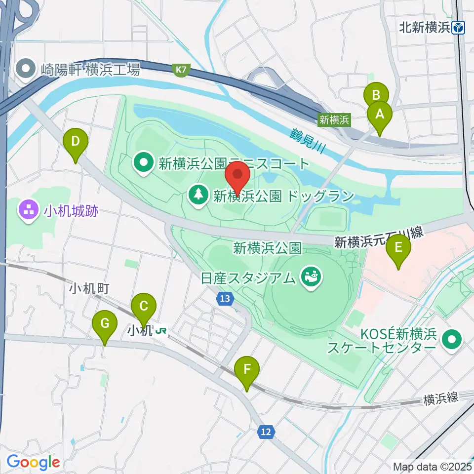 新横浜公園球技場周辺のコンビニエンスストア一覧地図