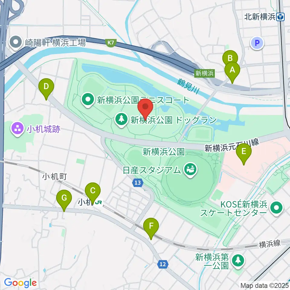 新横浜公園球技場周辺のコンビニエンスストア一覧地図