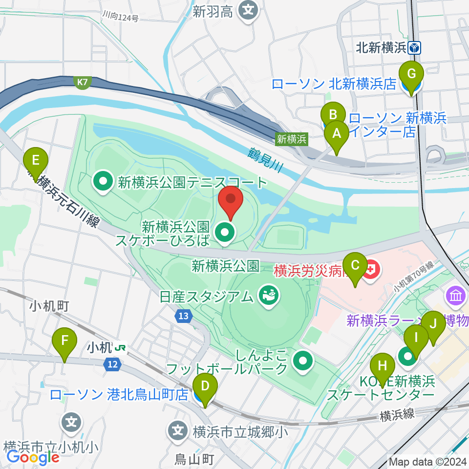 新横浜公園草地広場周辺のコンビニエンスストア一覧地図