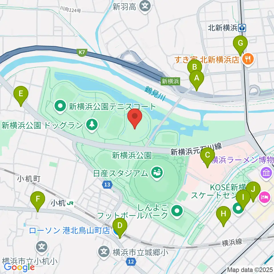 新横浜公園草地広場周辺のコンビニエンスストア一覧地図