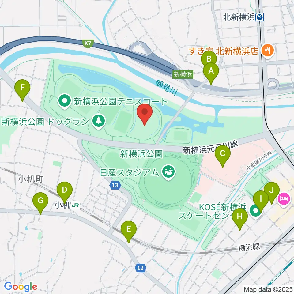 新横浜公園草地広場周辺のコンビニエンスストア一覧地図