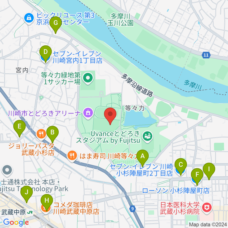 等々力緑地中央グラウンド周辺のコンビニエンスストア一覧地図